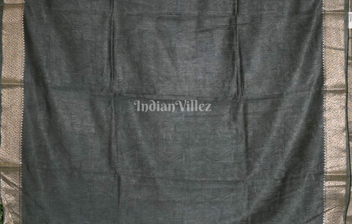 Green Grey Screen Printed Cotton Saree