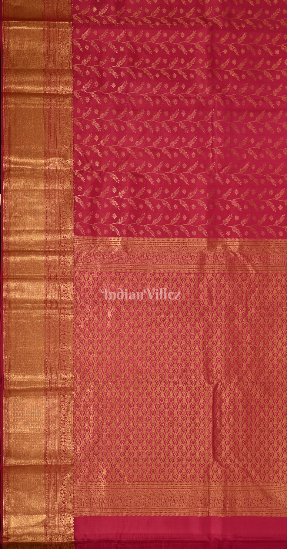 Exclusive Rani Pink Golden  Leaf Motif Brocade Pure Kanjivaram Silk Saree 