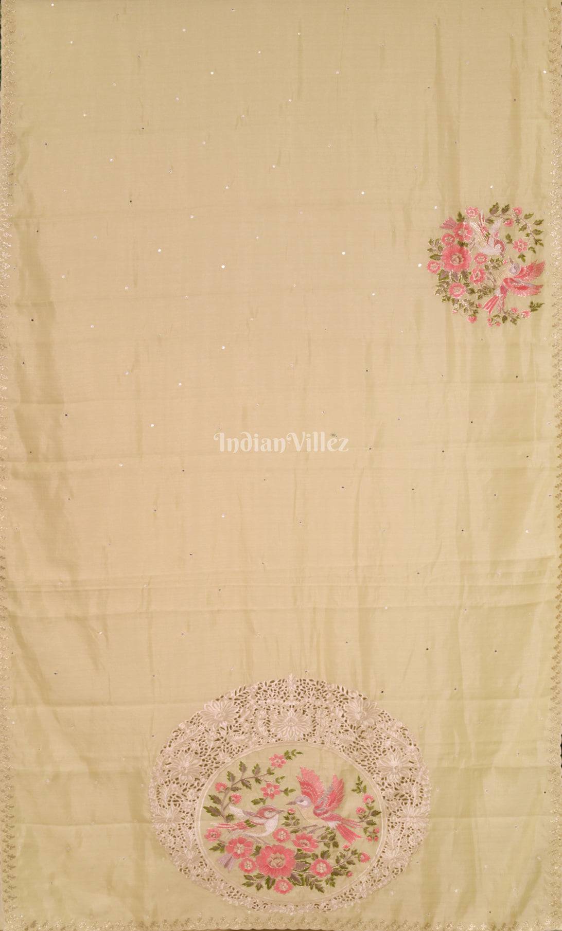 Beige Tusasr Silk Saree with  Hand Embroidery 