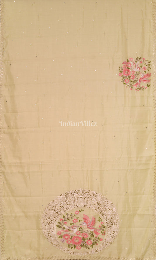 Beige Tusasr Silk Saree with  Hand Embroidery 