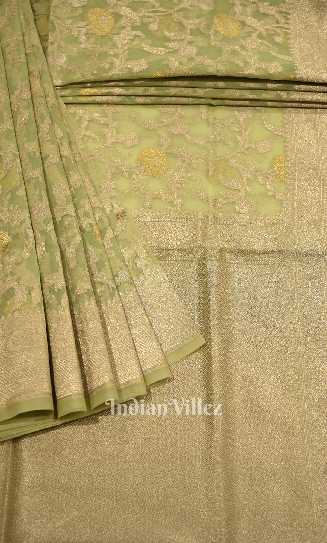 Light Mehendi Green Floral Motif Chanderi Banarasi Silk Saree