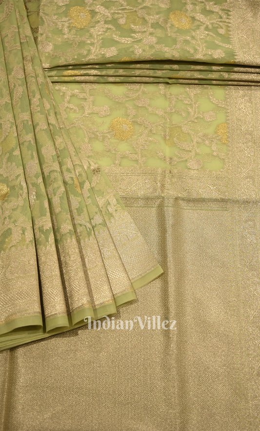 Light Mehendi Green Floral Motif Chanderi Banarasi Silk Saree