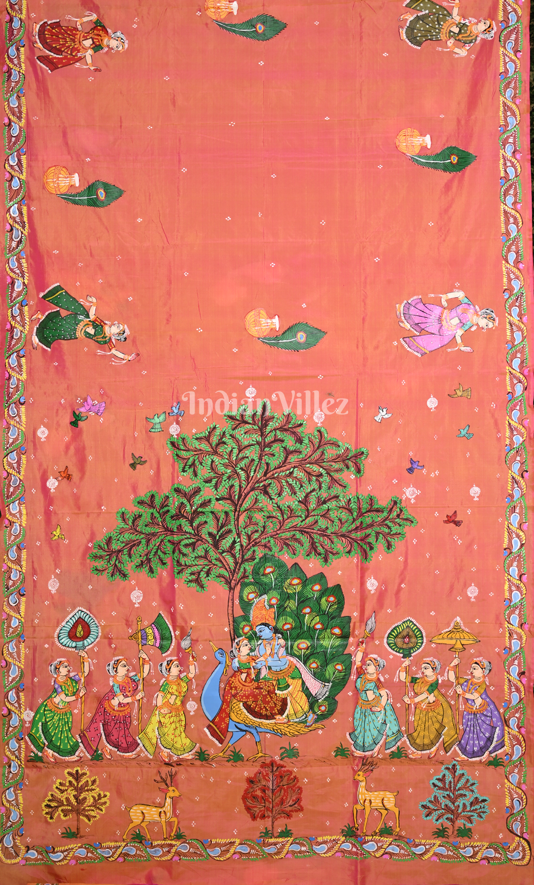 Peach (Mayur) & Nartaki Theme  Hand-Painted Pattachitra Saree