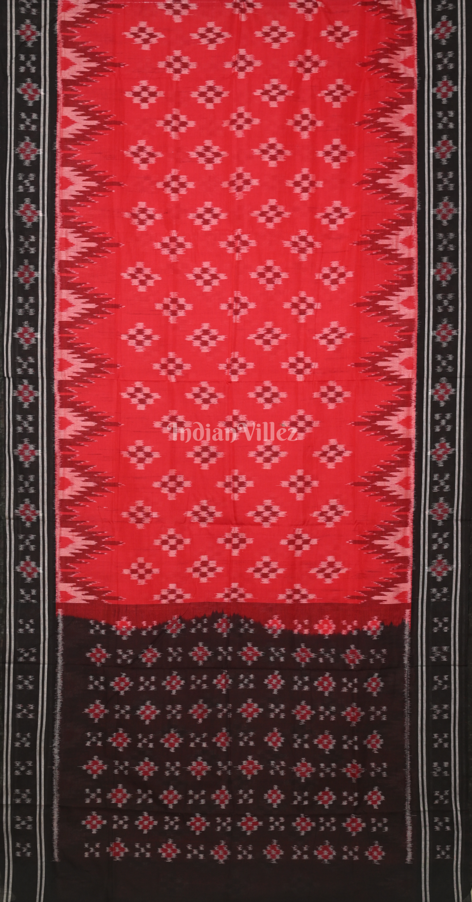 Red Black Pasapali Scot Odisha Ikat Sambalpuri Cotton Saree 