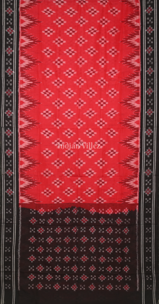 Red Black Pasapali Scot Odisha Ikat Sambalpuri Cotton Saree 