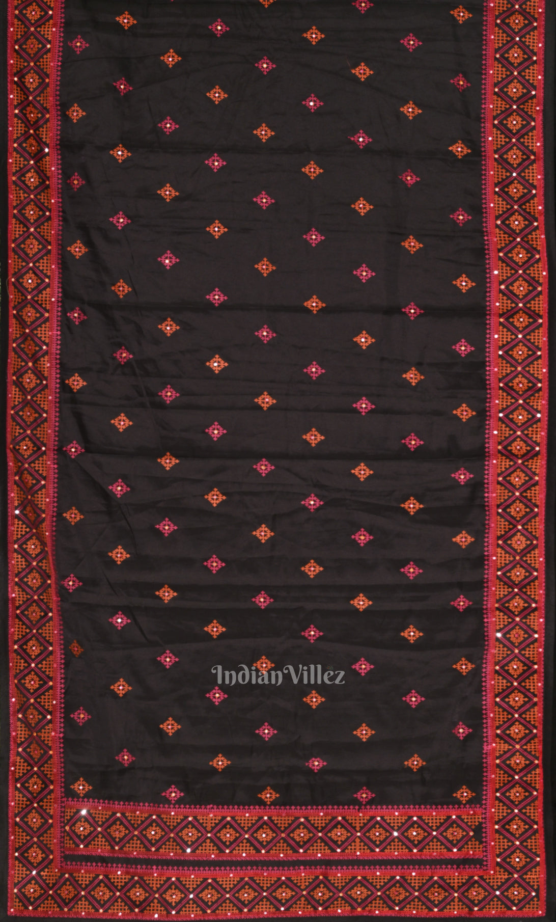 Black Red Tusasr Silk Saree with Hand Embroidery