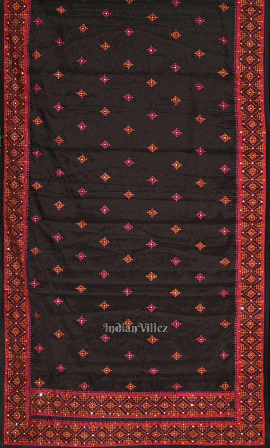 Black Red Tusasr Silk Saree with Hand Embroidery