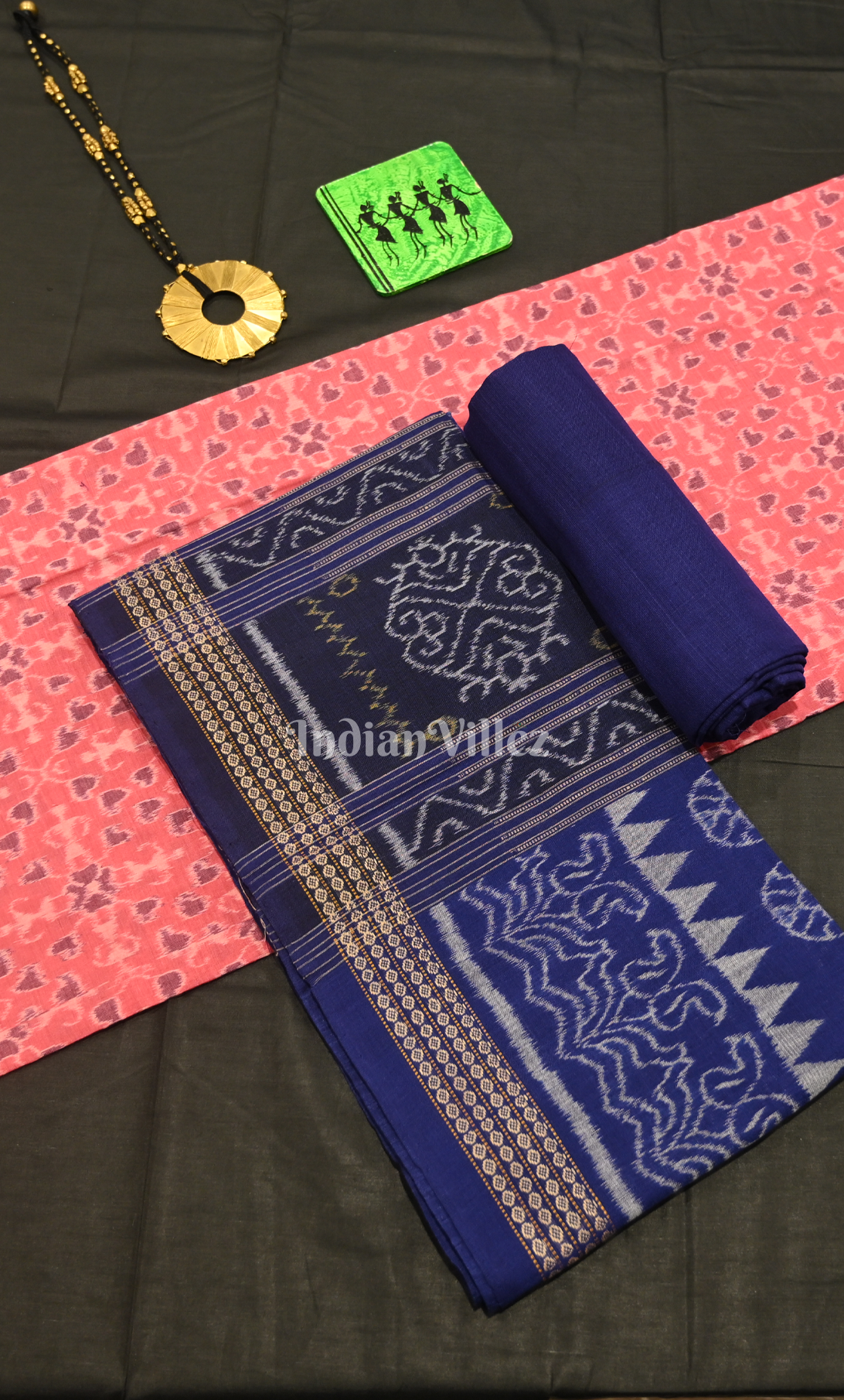 Pink Blue Tribal Theme Odisha Ikat Sambalpuri Dress Set & Dupatta