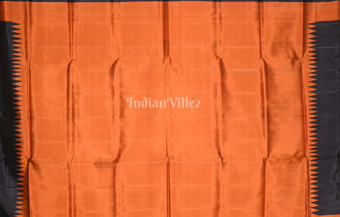 Black Rust Orange Fish Motif Double Pallu Berhampuri Silk Saree 