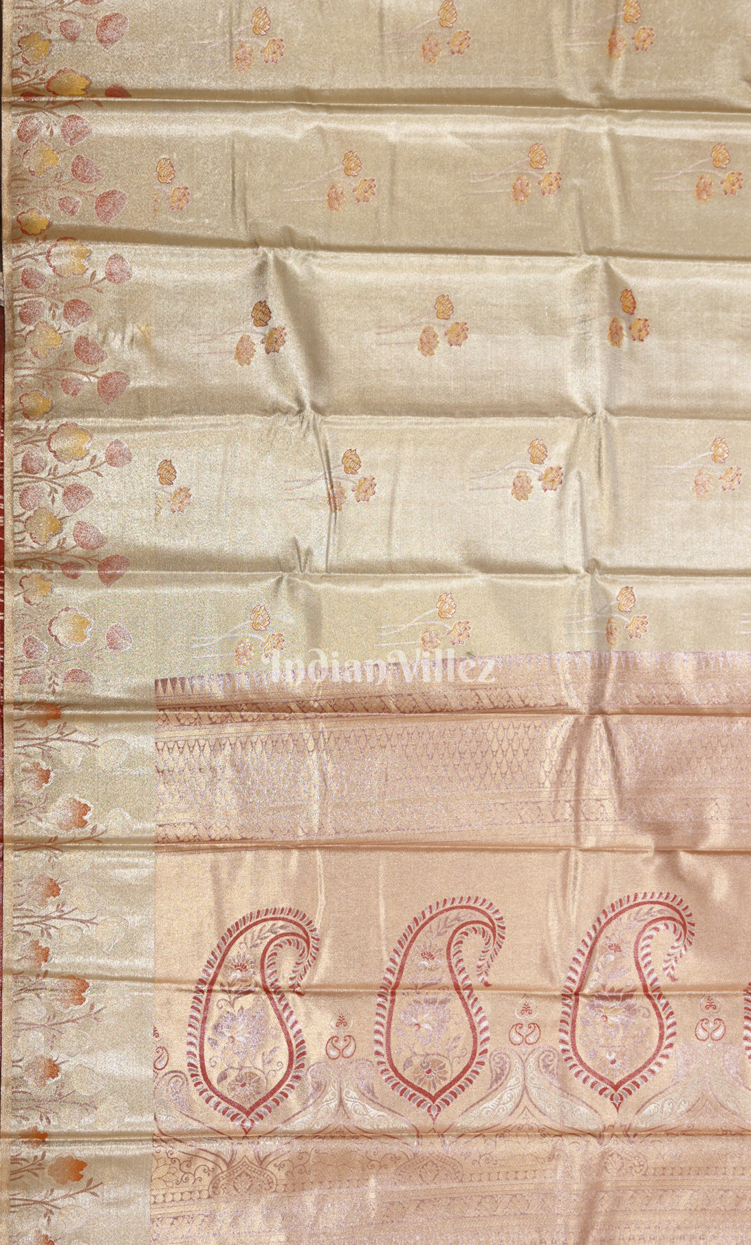 Beige Floral Pure Kanjivaram Tissue Silk Saree 