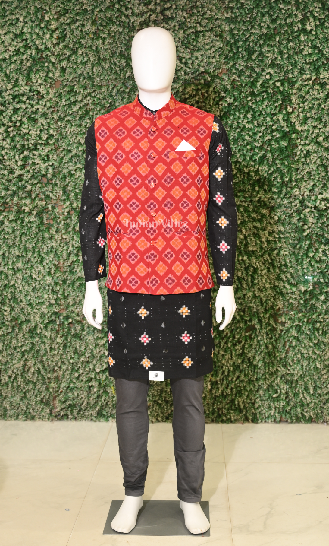 Red Odisha Ikat Half Bandi Jacket for Men