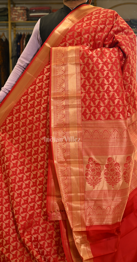 Exclusive Red Bird Motif Brocade Pure Kanjivaram Silk Saree