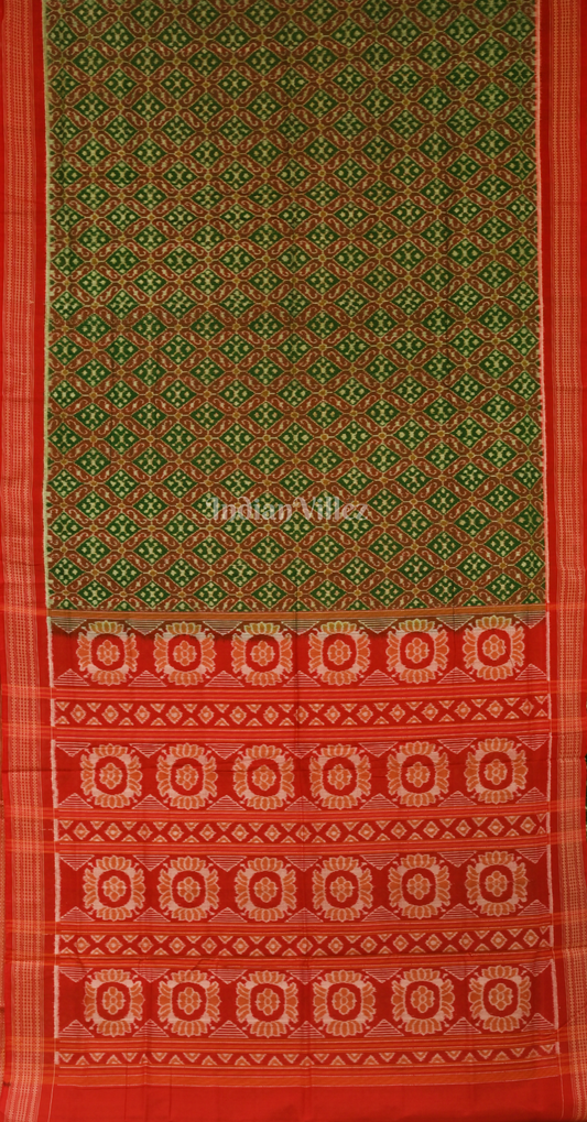 Green Red Floral Motif Odisha Handloom Sambalpuri Ikat Cotton Saree 