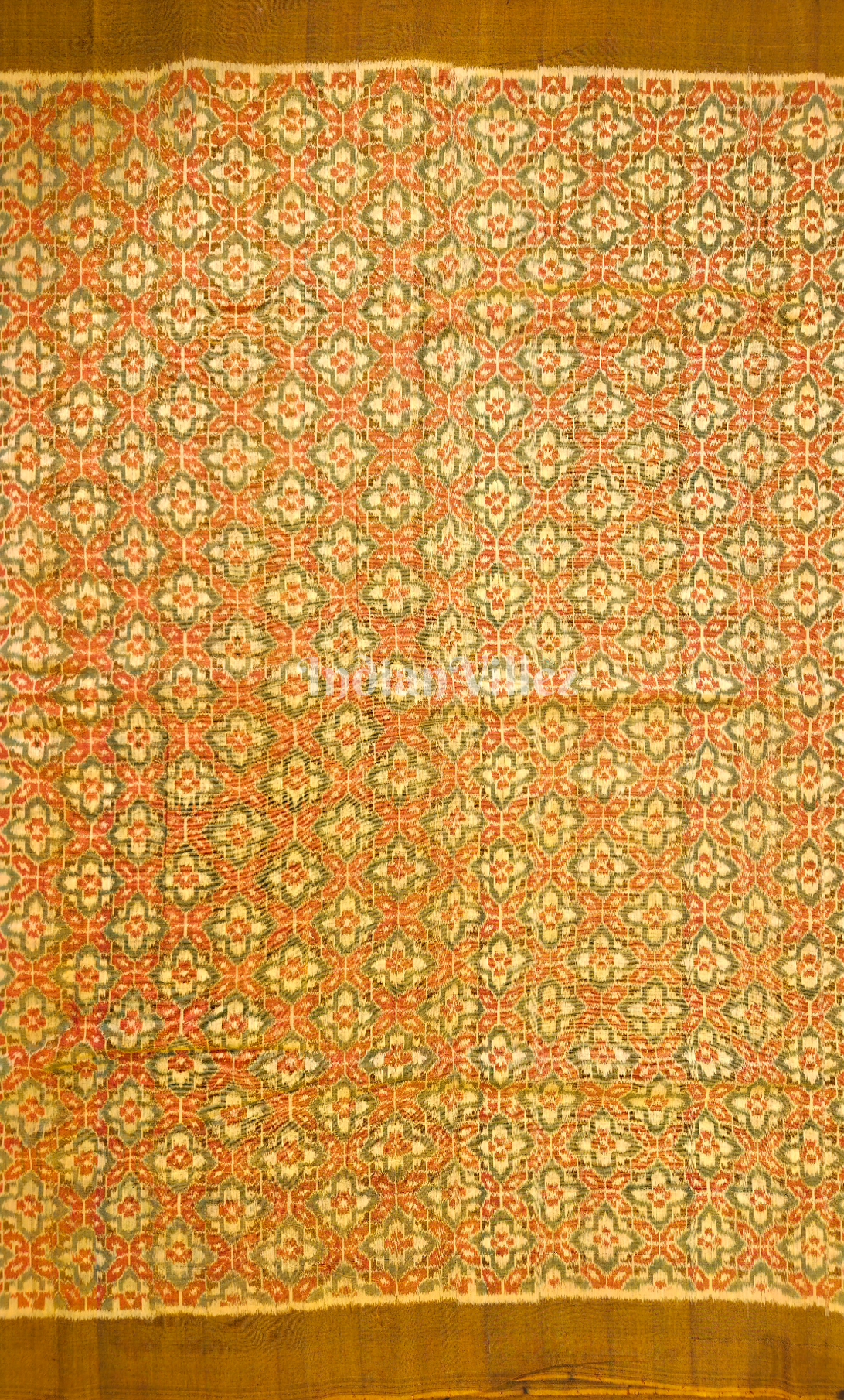 Mustard Yellow Green Geometric Flower Motif Sambalpuri Odisha Ikat Cotton Fabric 