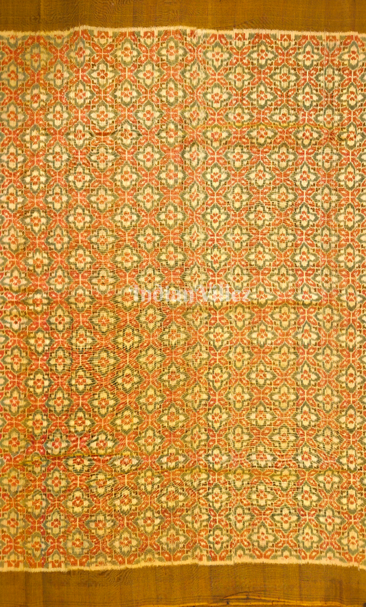 Mustard Yellow Green Geometric Flower Motif Sambalpuri Odisha Ikat Cotton Fabric 