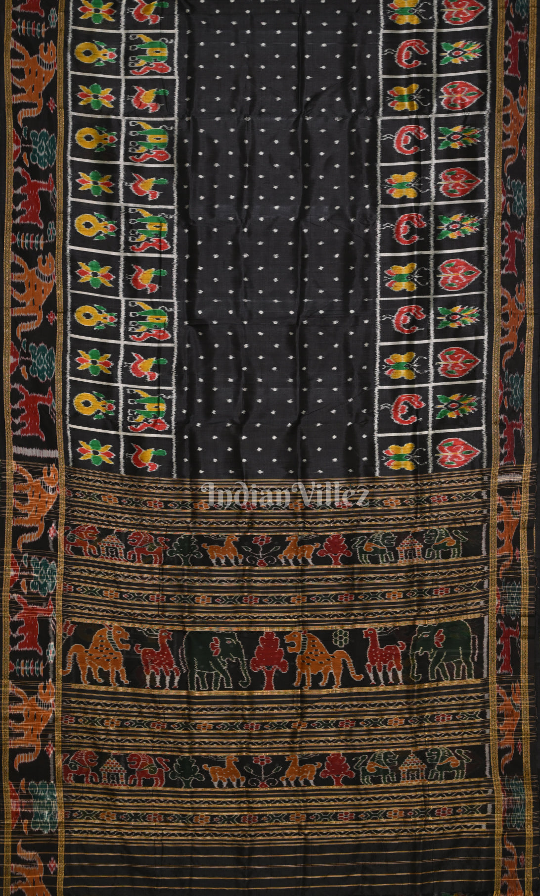 Black  Dot Half Nabakothi Border Odisha Ikat Khandua Silk Saree 