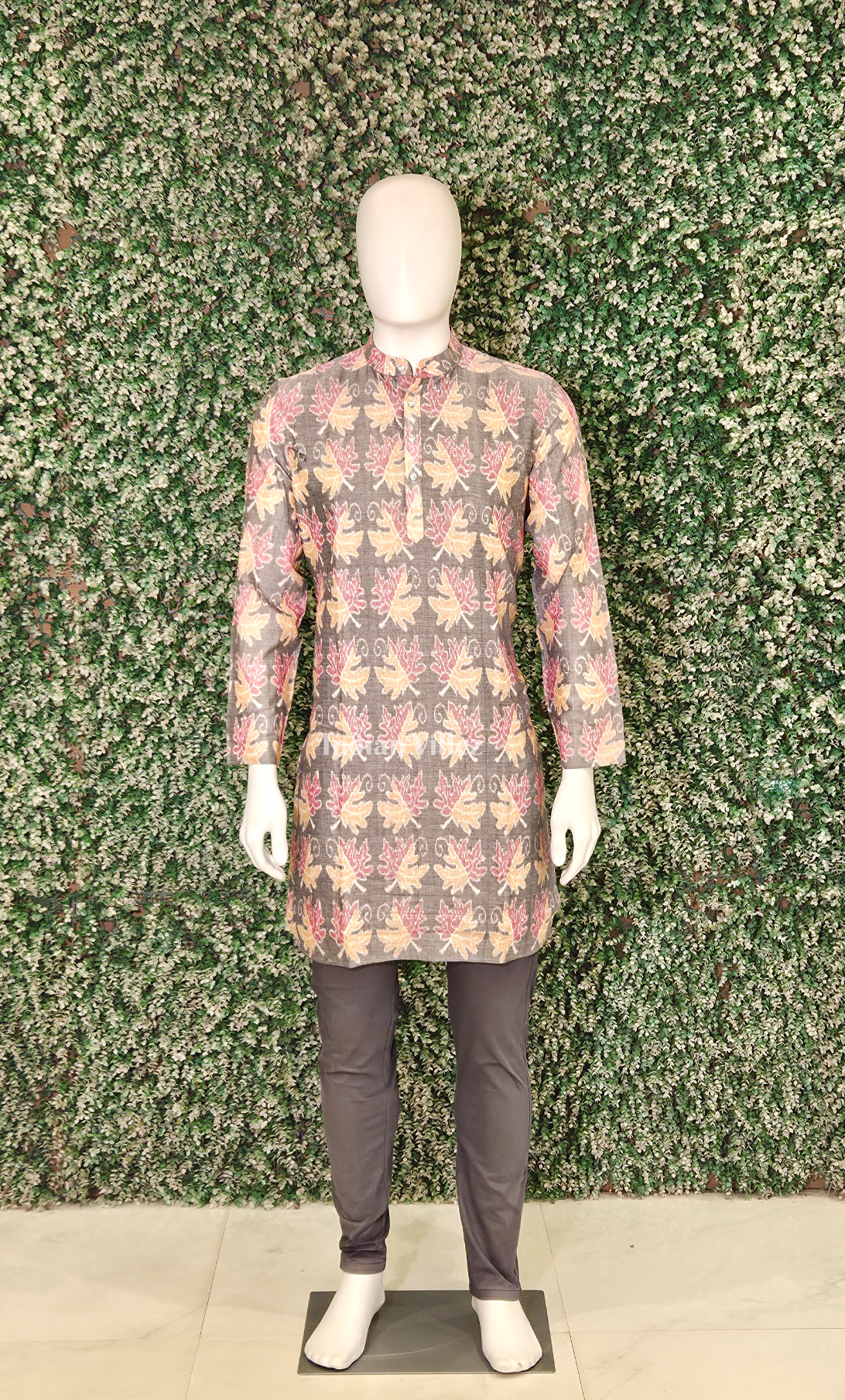 Grey Yellow Floral Odisha Ikat Cotton Kurta for Men 