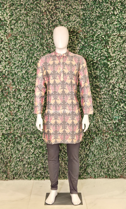 Grey Yellow Floral Odisha Ikat Cotton Kurta for Men 