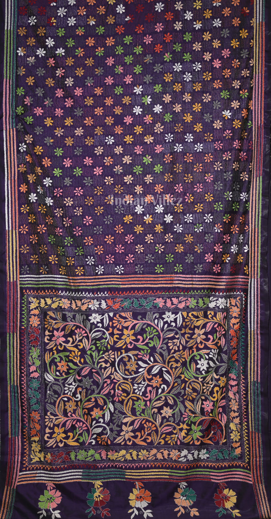 Purple Handwoven Kantha Stitch Silk Saree 