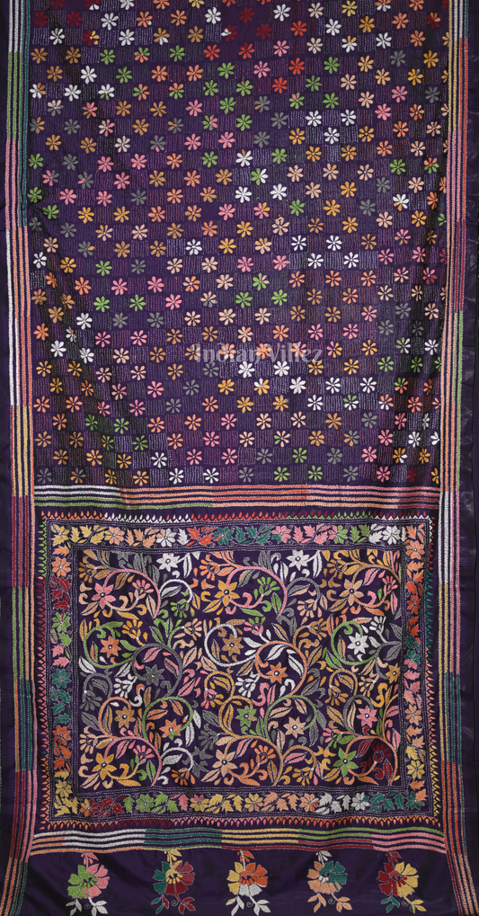 Purple Handwoven Kantha Stitch Silk Saree 