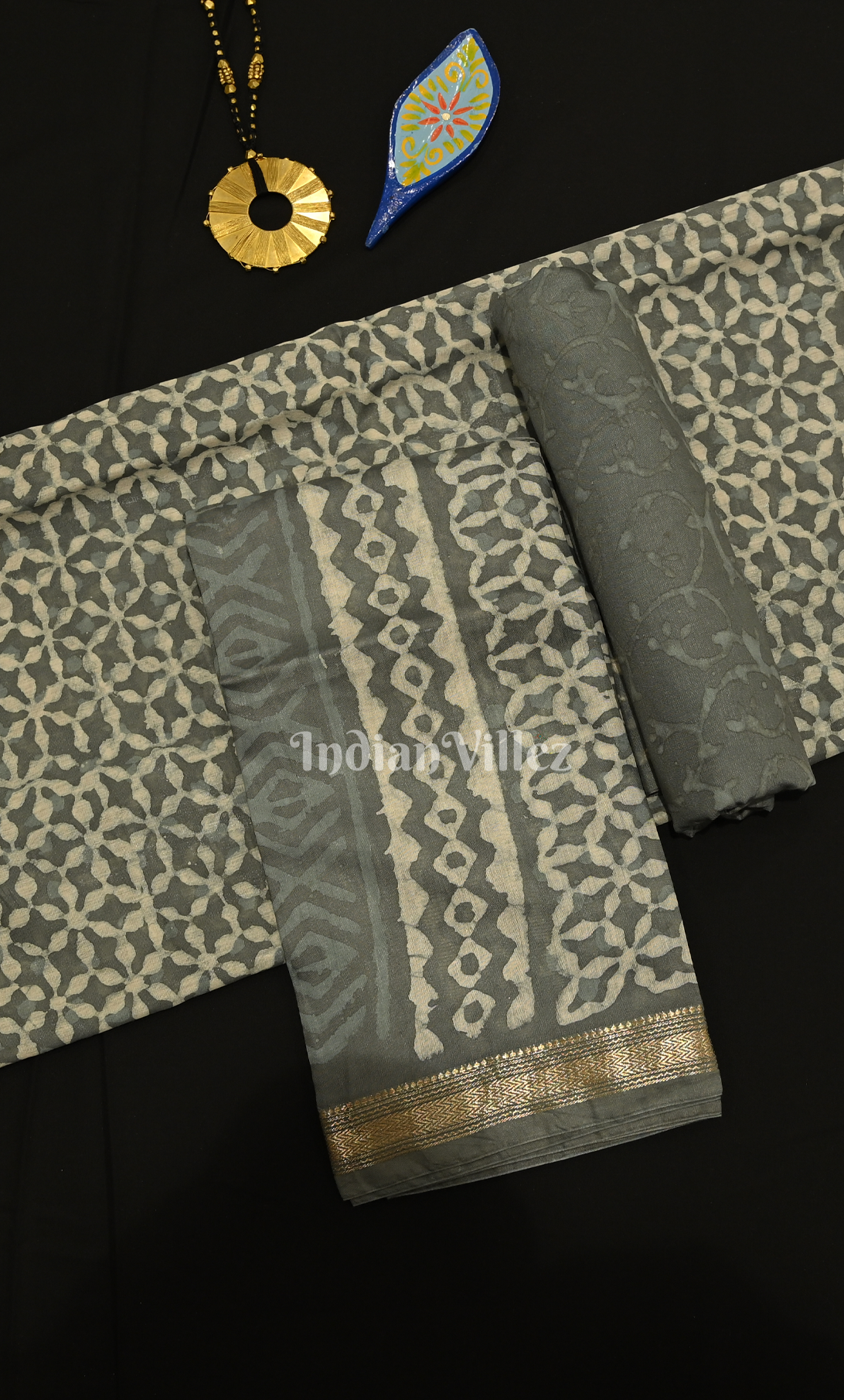 Ash Grey Dabu Block Printed Cotton Suit Sets 