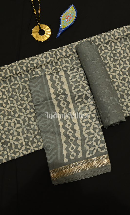 Ash Grey Dabu Block Printed Cotton Suit Sets 