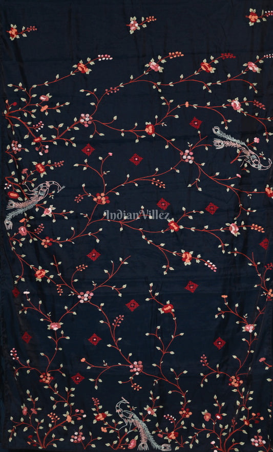 Blue Tusasr Silk Saree with Floral Hand Embroidery