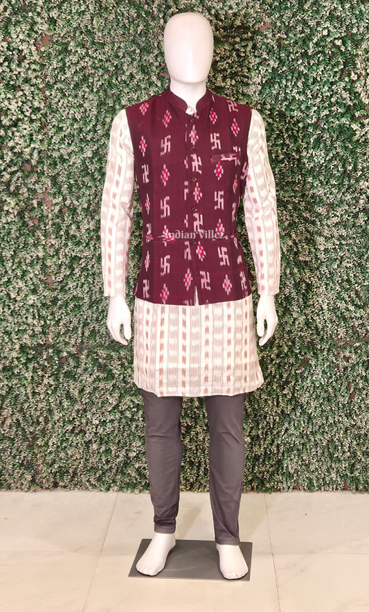 Maroon Swastilk Odisha Ikat Half Bandi Jacket for Men 