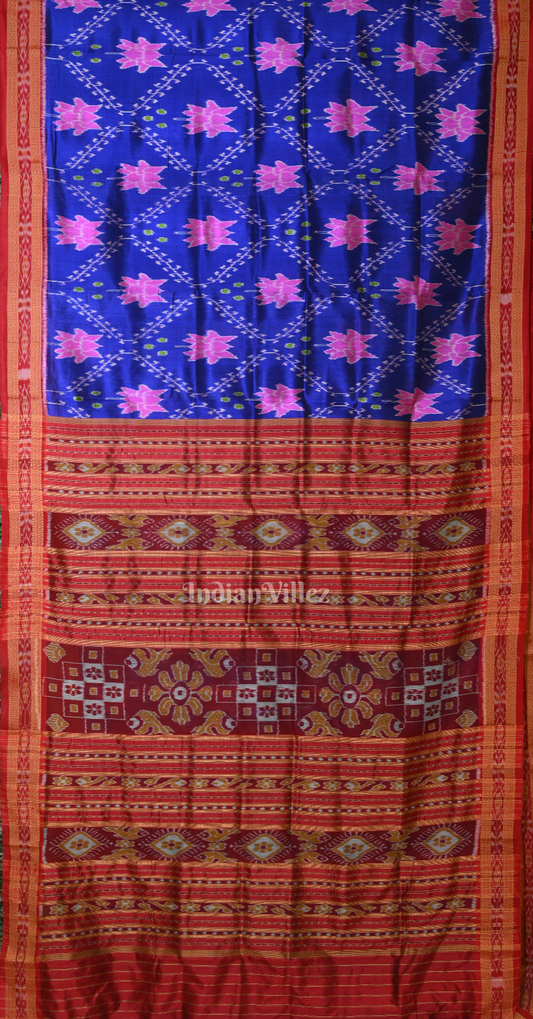 Blue Red Lotus Motif Odisha Ikat Khandua Silk Saree 
