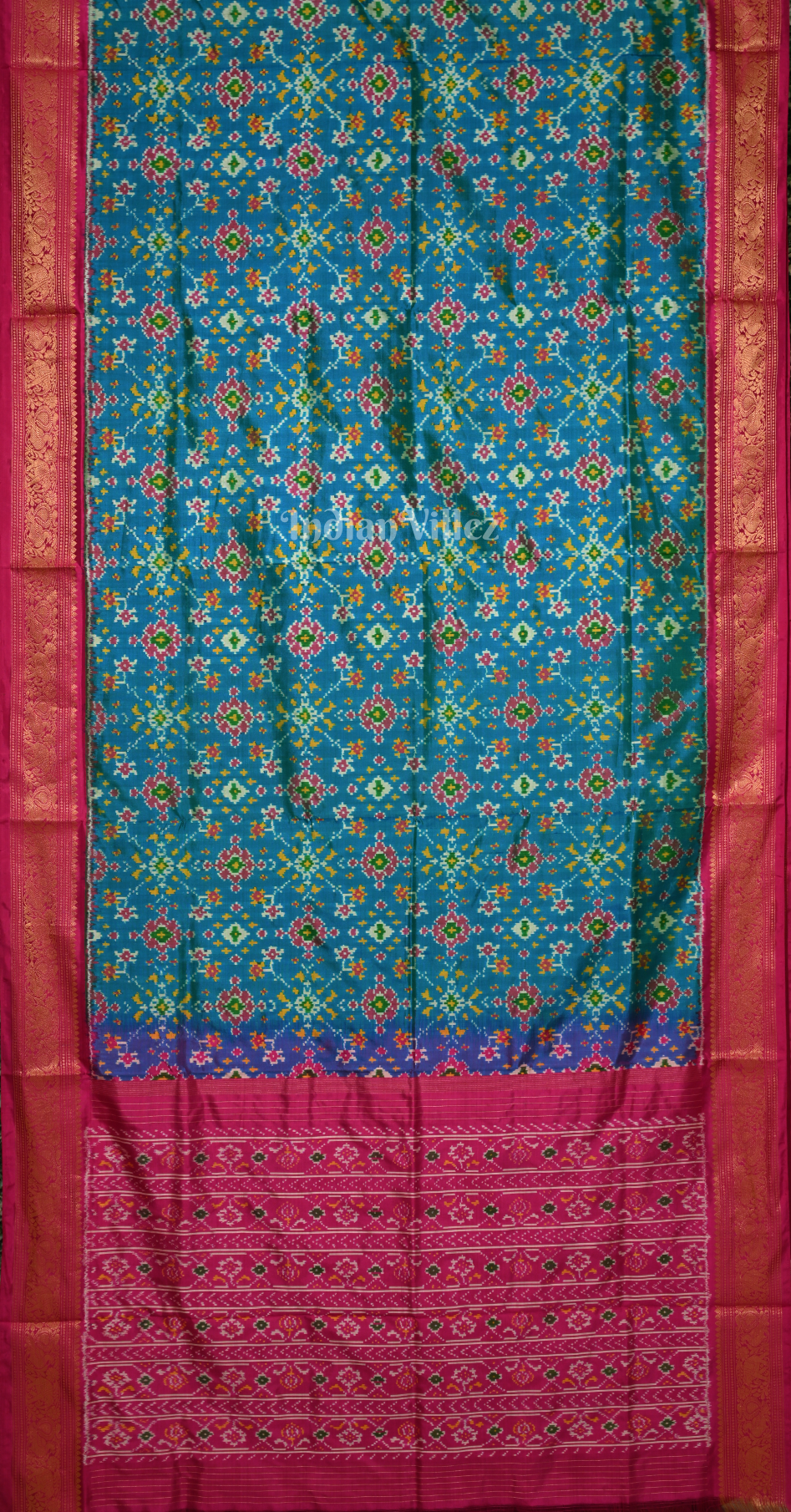 Turquoise Blue Pink Pochampally Ikat Silk Saree 