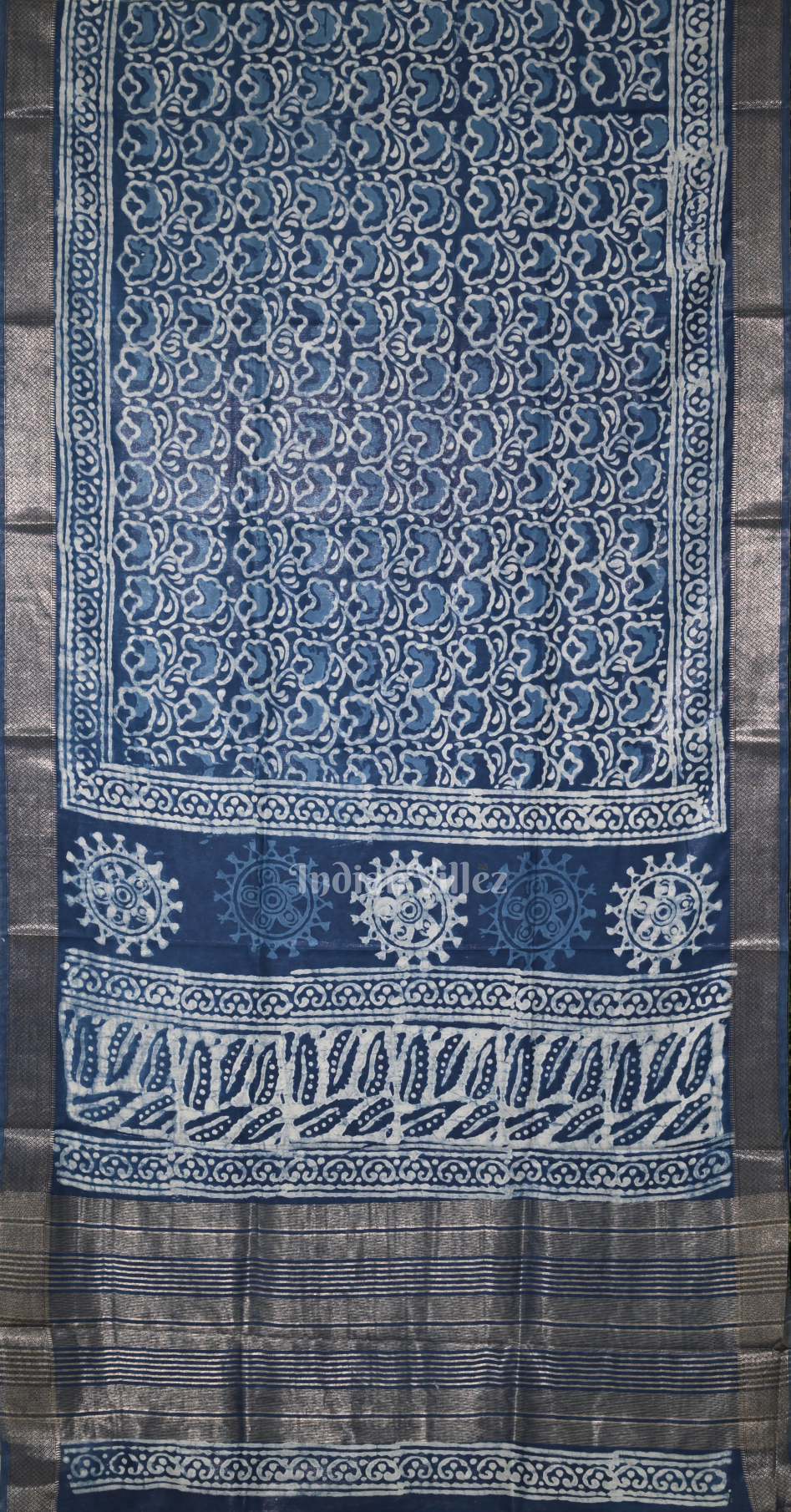 Blue Block Printed Dabu Cotton Saree 