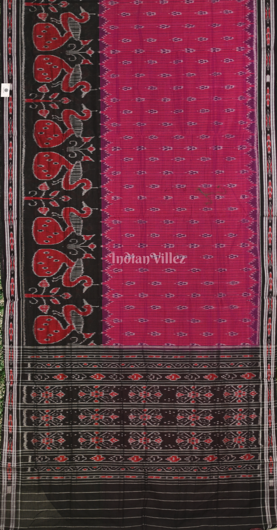 Rani Pink Black Peacock Scott Odisha Ikat Sambalpuri Cotton Saree 