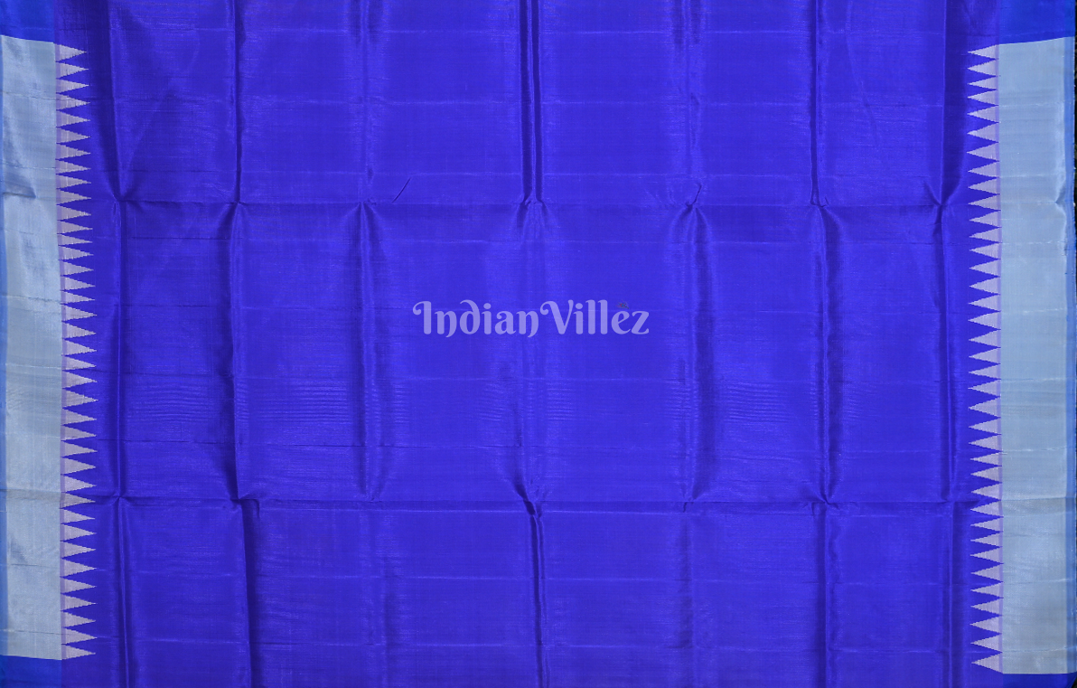 White Blue Fish Motif Double Pallu Berhampuri Silk Saree 