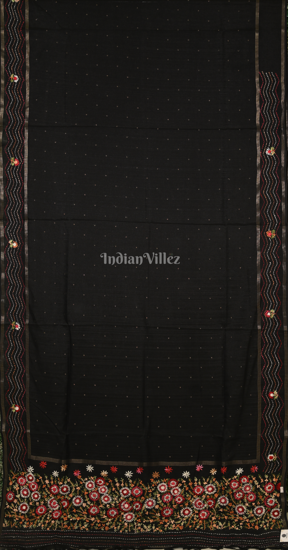 Black Tussar Silk Saree with Floral Embroidery Work