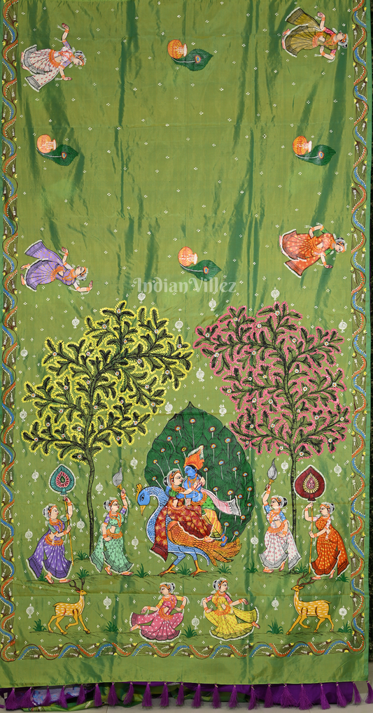 Green Purple Peacock (Mayur) & Nartaki Theme  Hand-Painted Pattachitra Saree 