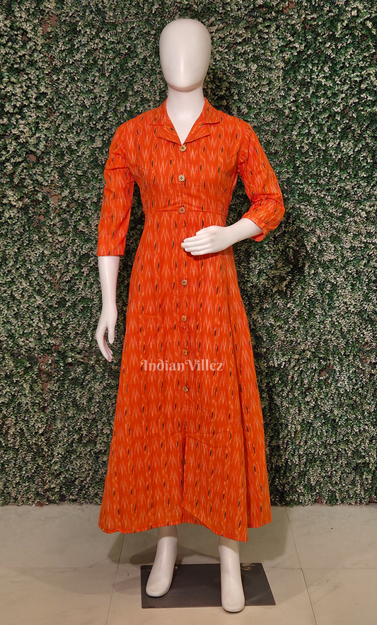 Orange Pochampally Ikat Designer Long Gown for Women 