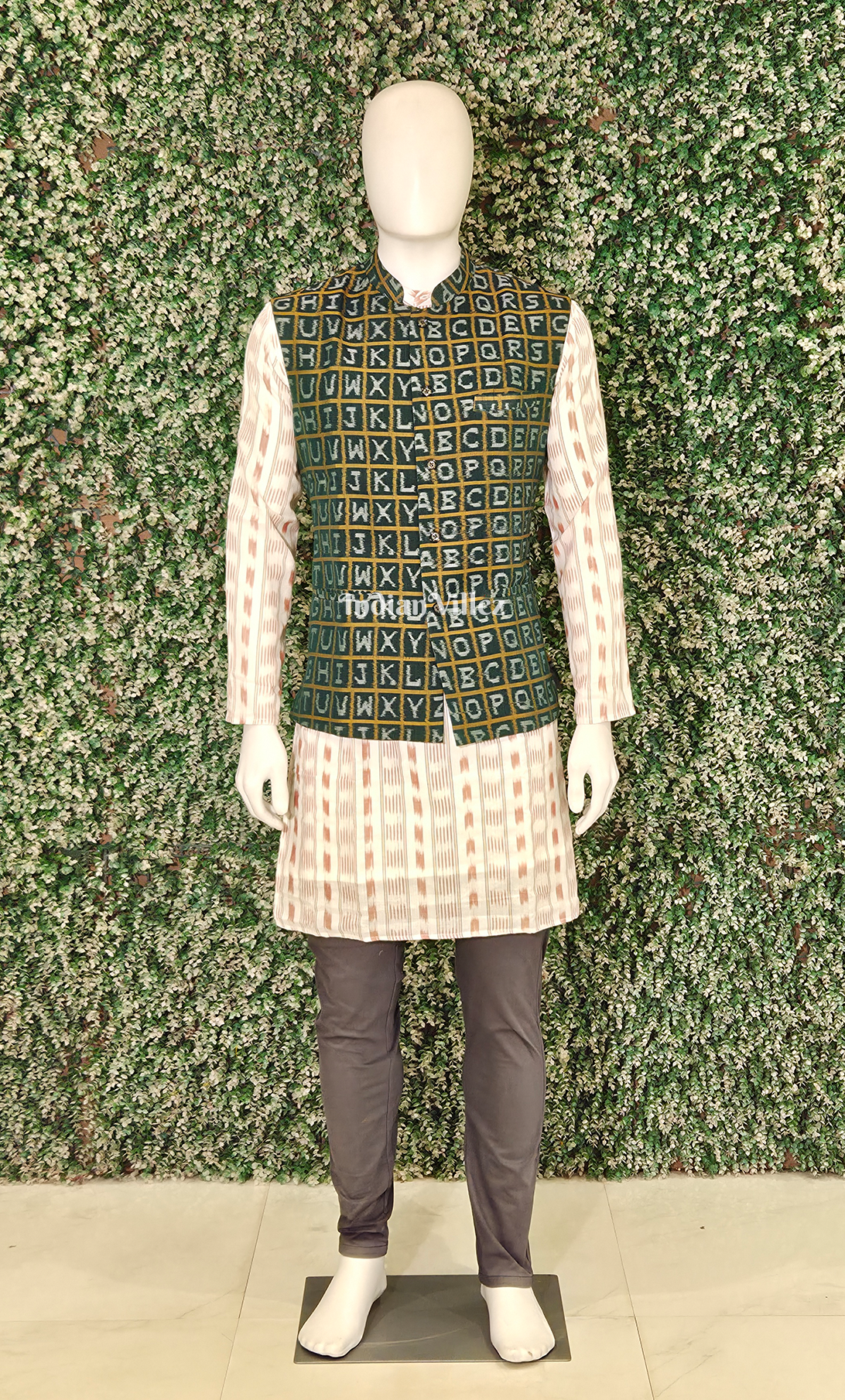 Green English Alphabet Theme Odisha Ikat Half Bandi Jacket for Men 
