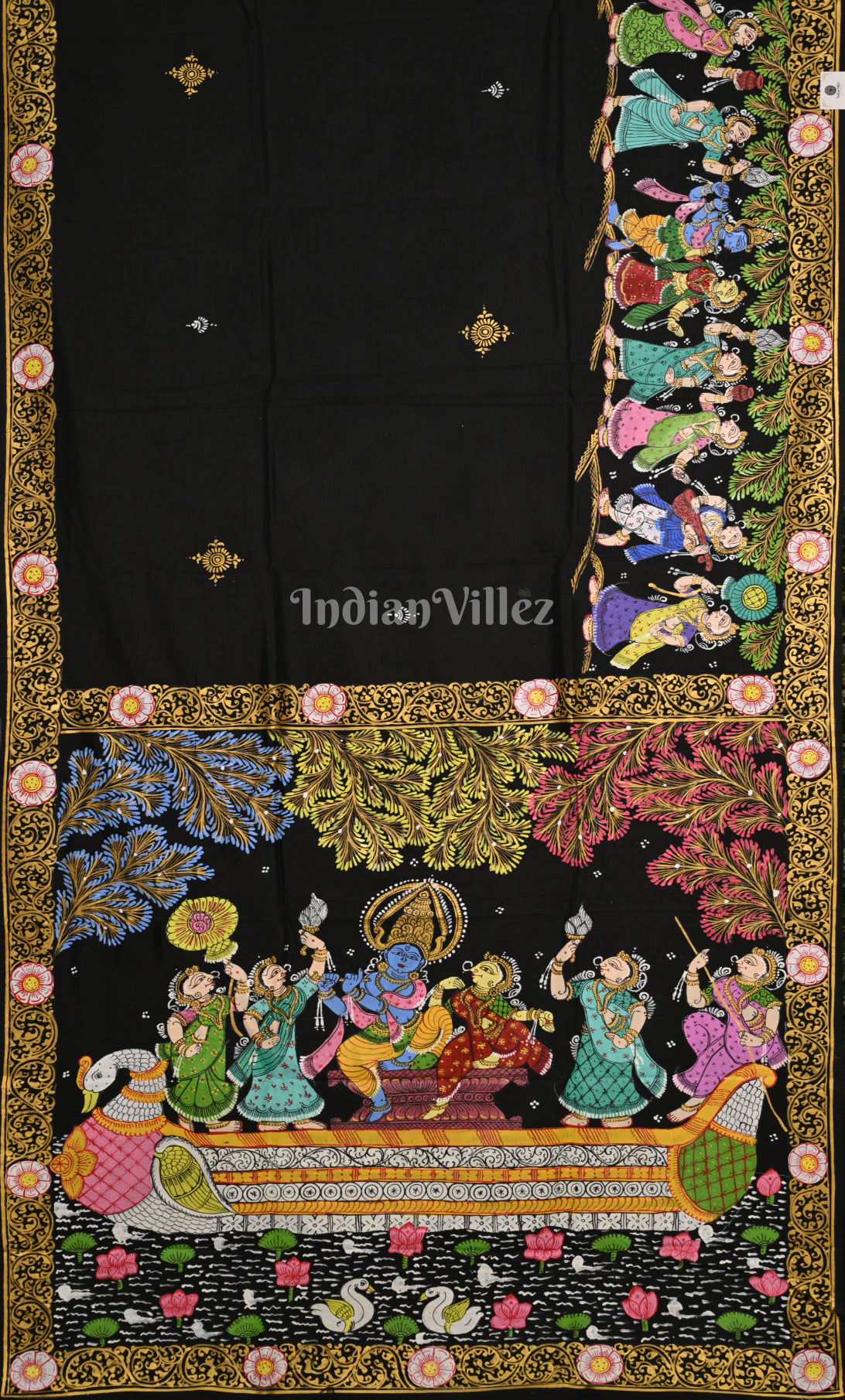 Black Radha Krishna Boita  Bandana Hand-Painted Pattachitra Saree 