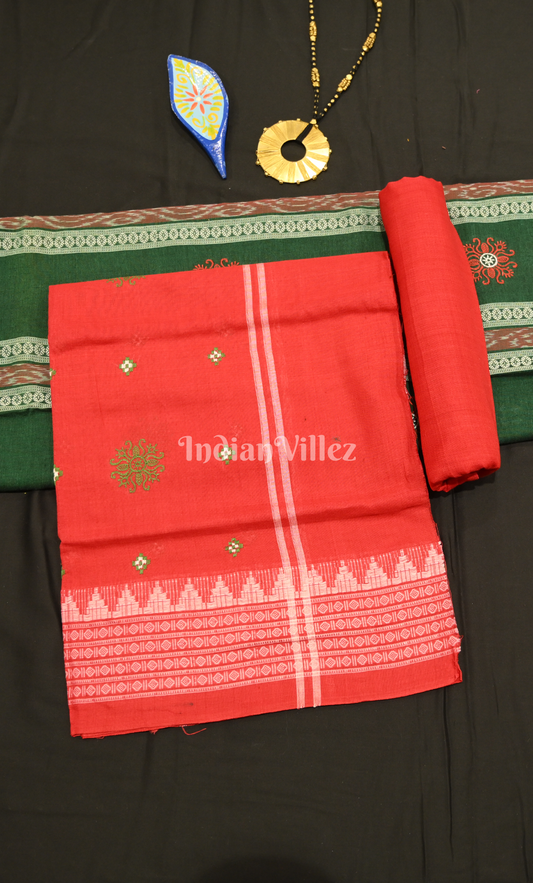 Green Red Buti Flower Design Odisha Ikat Sambalpuri Cotton Dress set with Dupatta