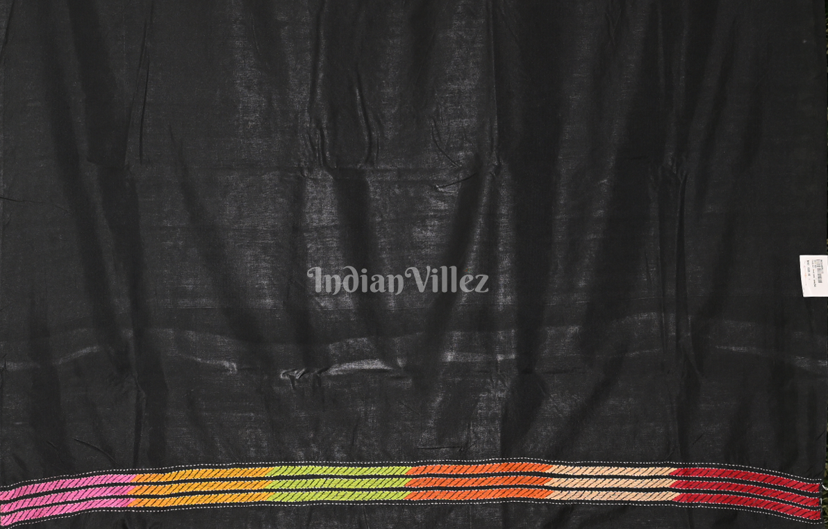 Black Floral Handwoven Kantha Stitch Silk Saree