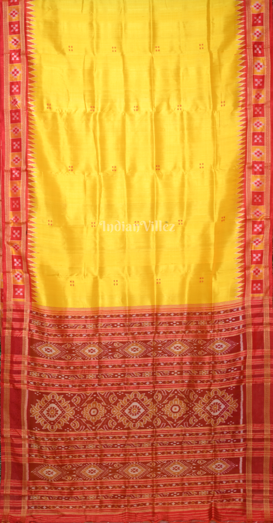 Yellow Maroon Buti Design Pasapali Border Odisha Ikat Khandua Silk Saree 