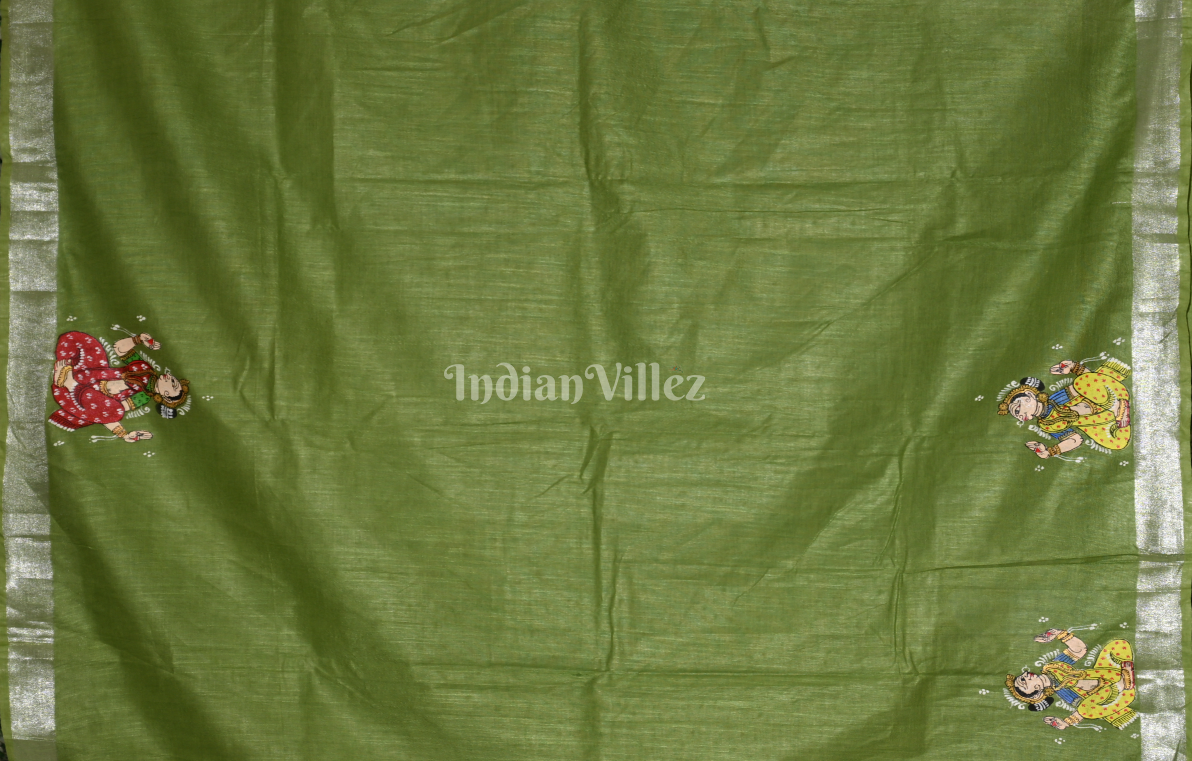 Mehendi Green Nartaki Theme Hand-Painted Pattachitra Saree