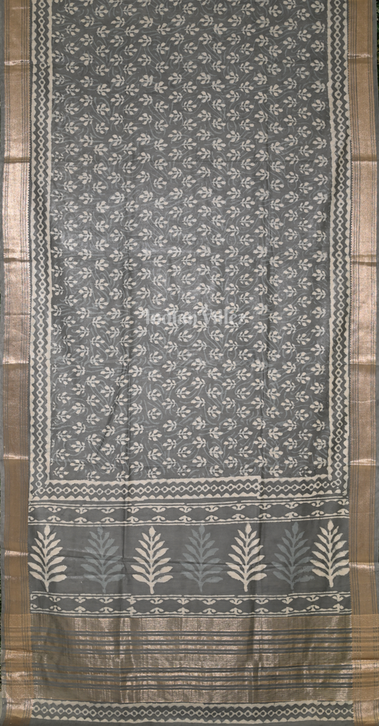 Grey Block Printed Dabu Cotton Saree