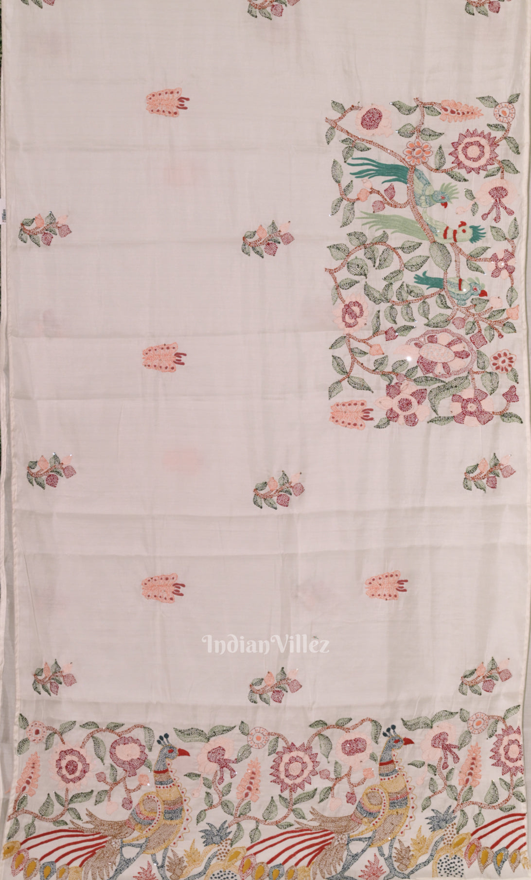 White Tusasr Silk Saree with Hand Embroidery Work Work
