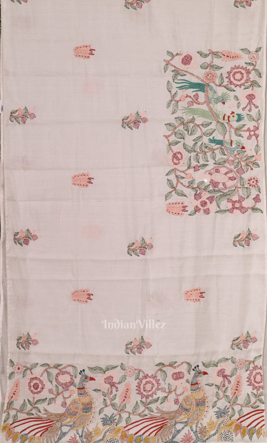 White Tusasr Silk Saree with Hand Embroidery Work Work