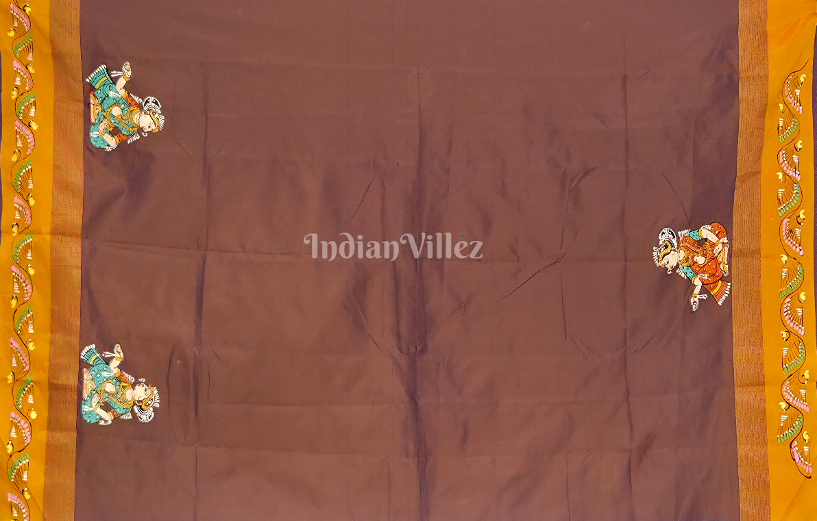 Blue Brown Krishna Raas Leela Hand-Painted Pattachitra Saree 