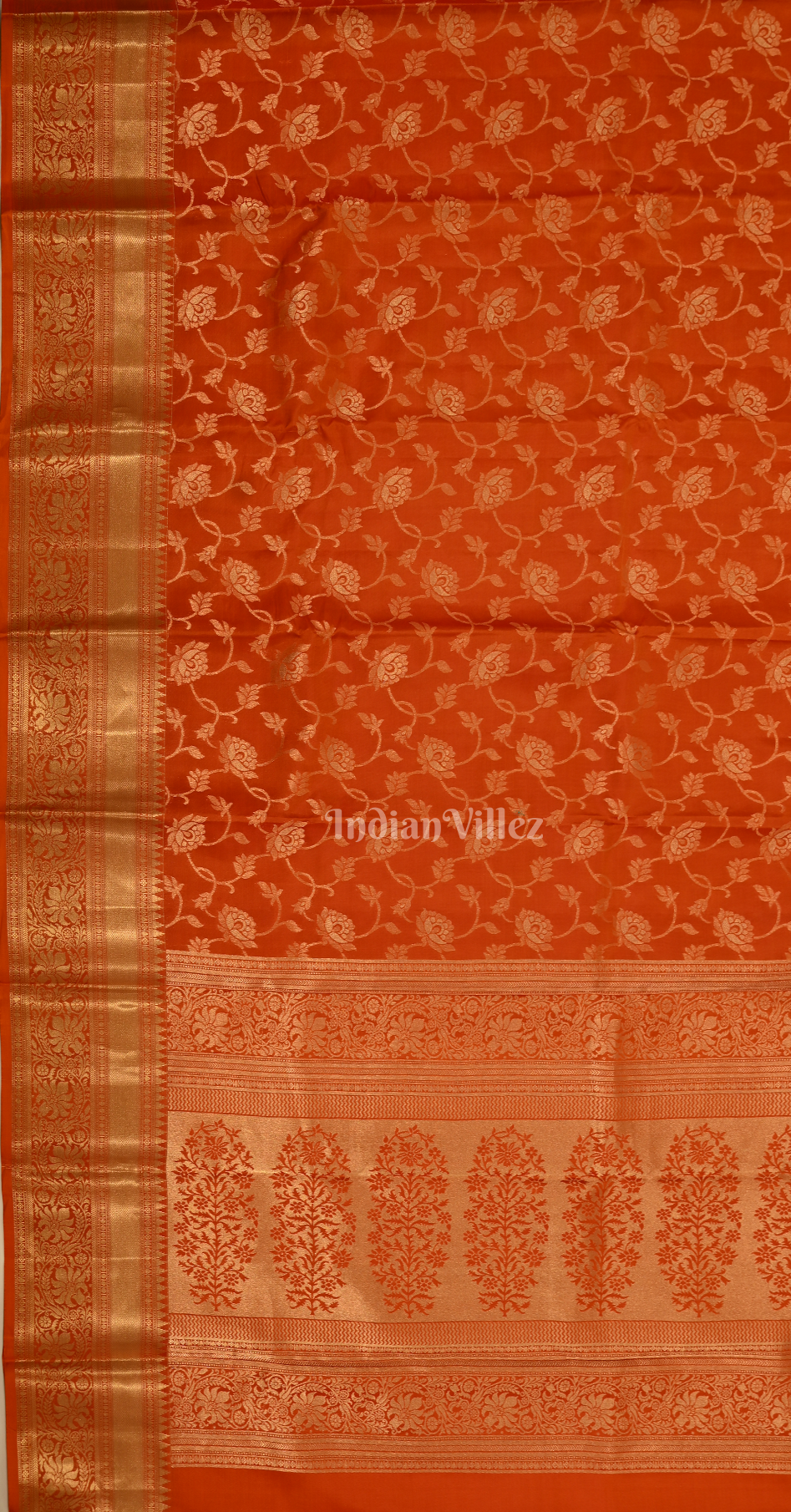 Rust Orange Floral Brocade Pure Kanjivaram Silk Saree