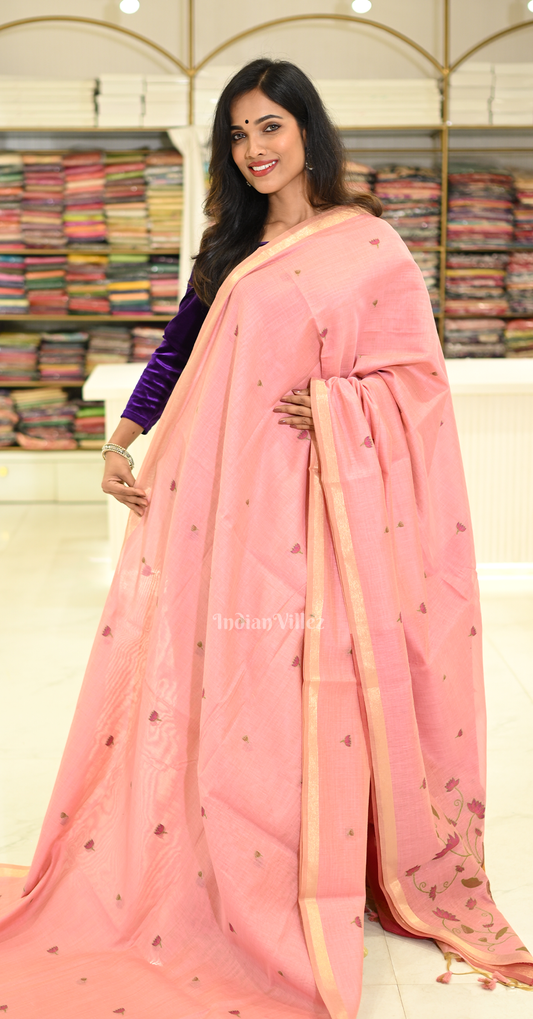 Peach Pink Linen Cotton Pichwai Saree with Zari Border