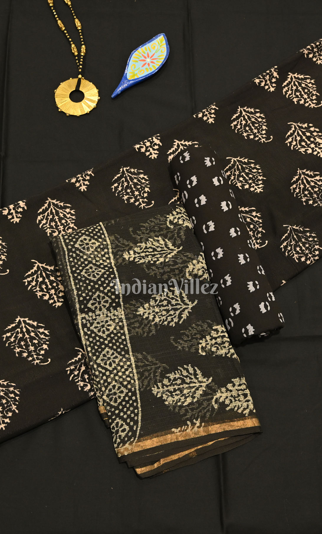 Black Golden Strips Block Printed Cotton Suit Sets 