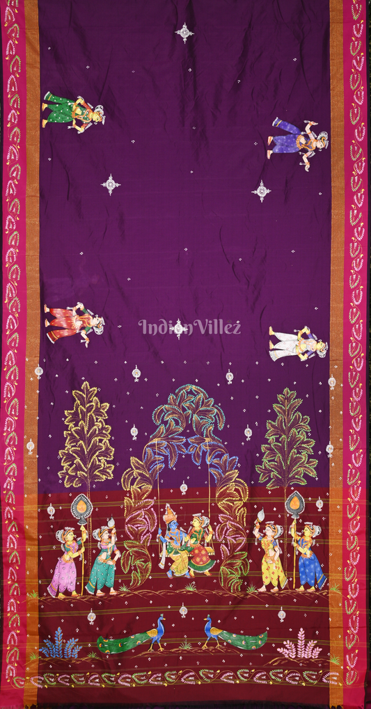 Purple  Maroon Radha Krishna Doli Theme Hand-Painted Pattachitra Saree
